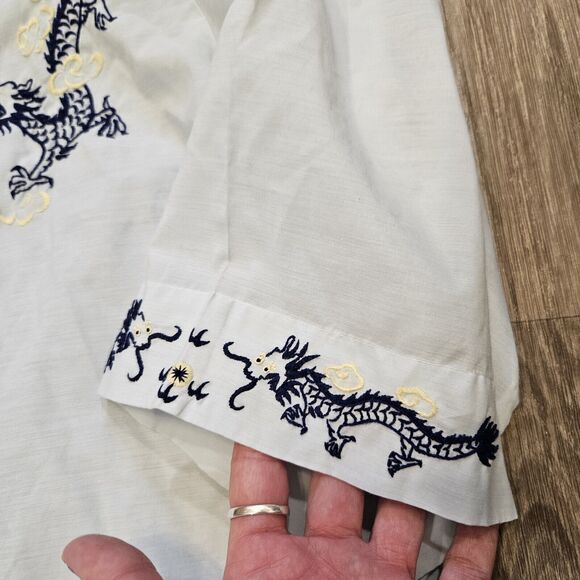 Vtg Chinese Kimono Top Womens L Blue Embroidered Dragons Pockets Short Sleeve - Picture 3 of 10